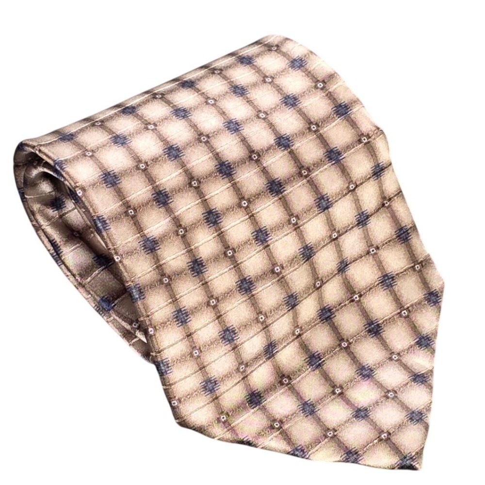 Barrington Silk Tie Men's Tan Brown Navy Blue Geometric Grid Pattern Classic
